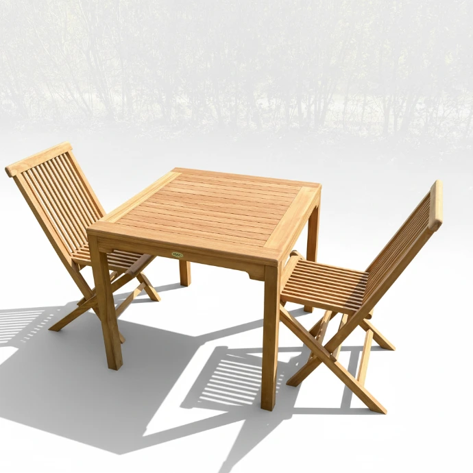 table carrée en teck avec 2 chaises